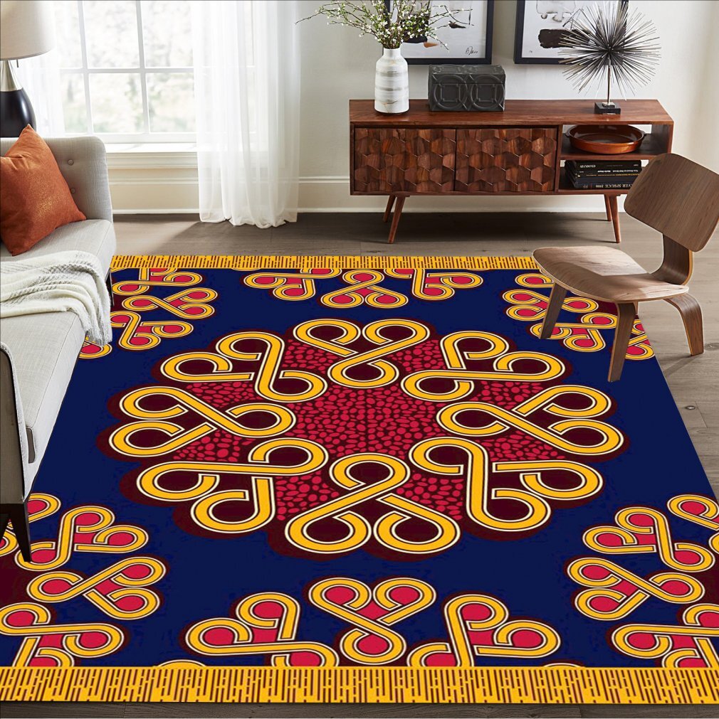 Red Navy Blue Yellow Knot Pattern Large Area Rug Vintage Traditional Design Rugs