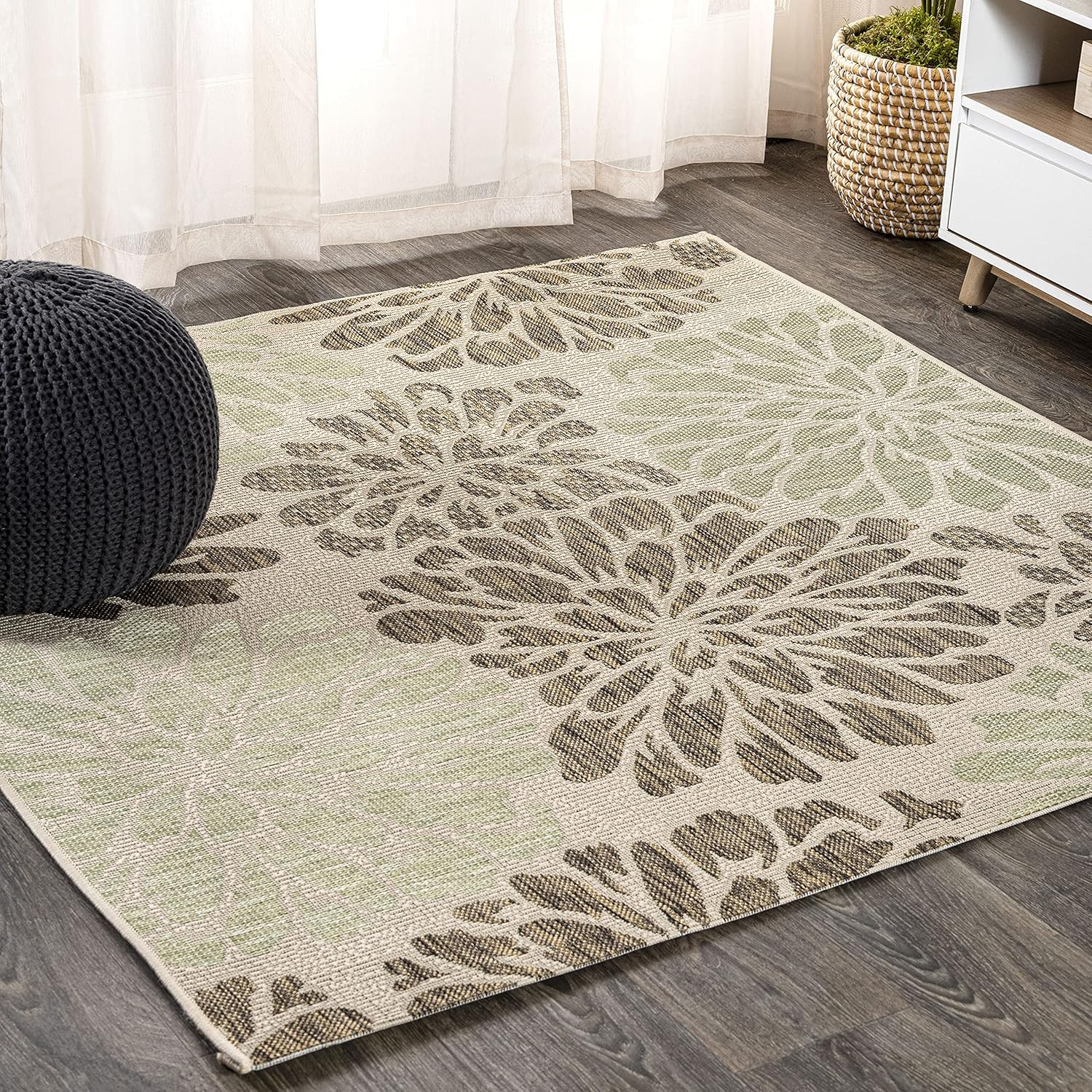 Floral Textured 4×4 Area Rug – Sage/Brown, Pet-Friendly, Easy-Cleaning