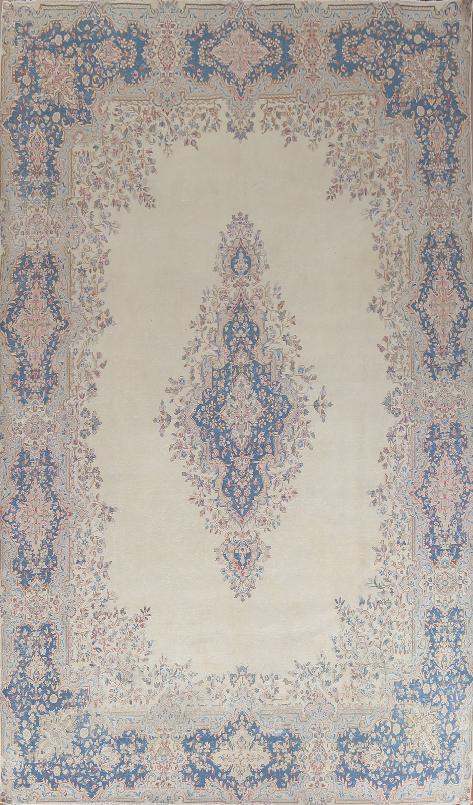 Vintage Ivory/ Blue Wool Medallion Kirman Traditional Handmade Area Rug 10×14