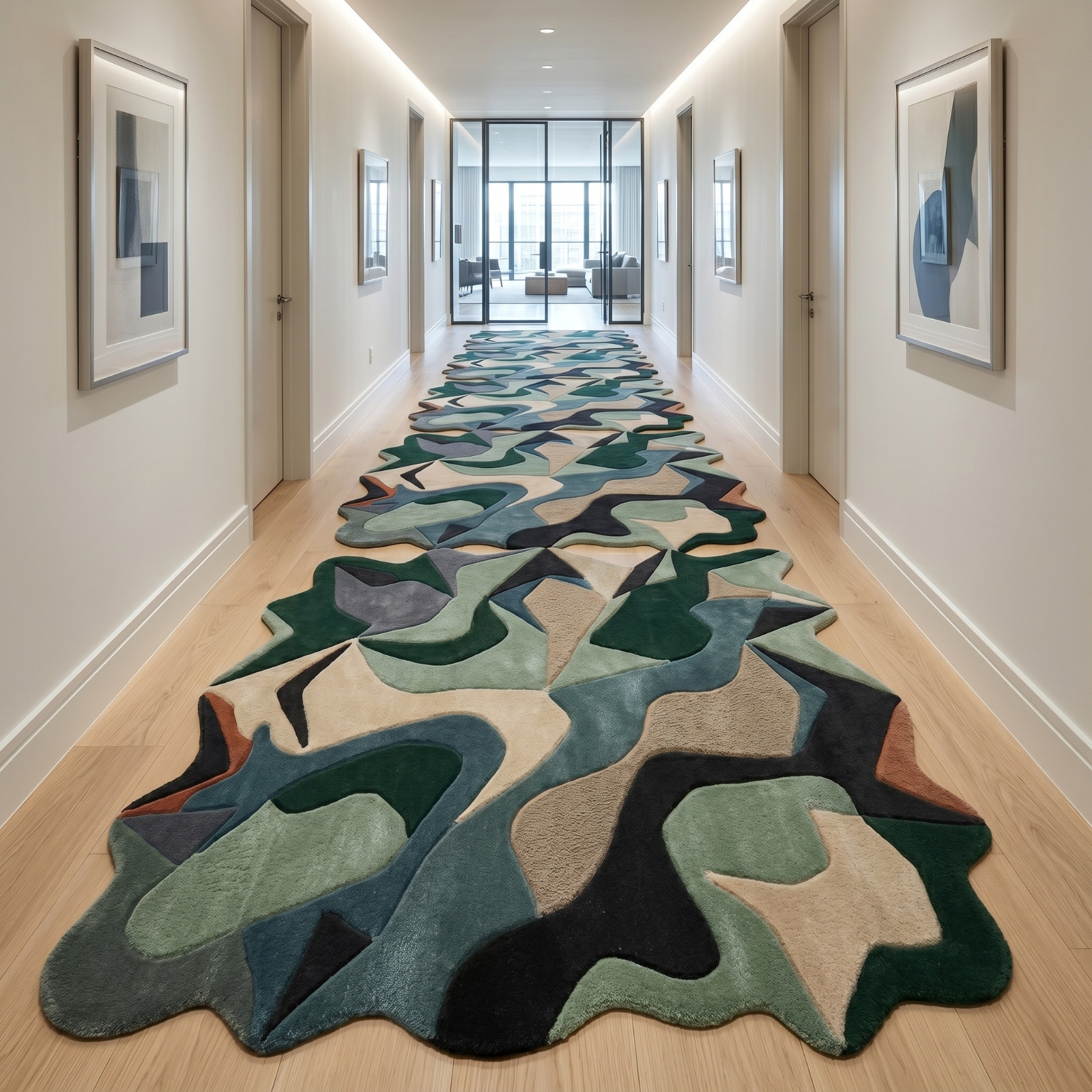 8×10 Green Teal Rust Abstract Wavy Hand Tufted Wool Rug Modern Living Room Area