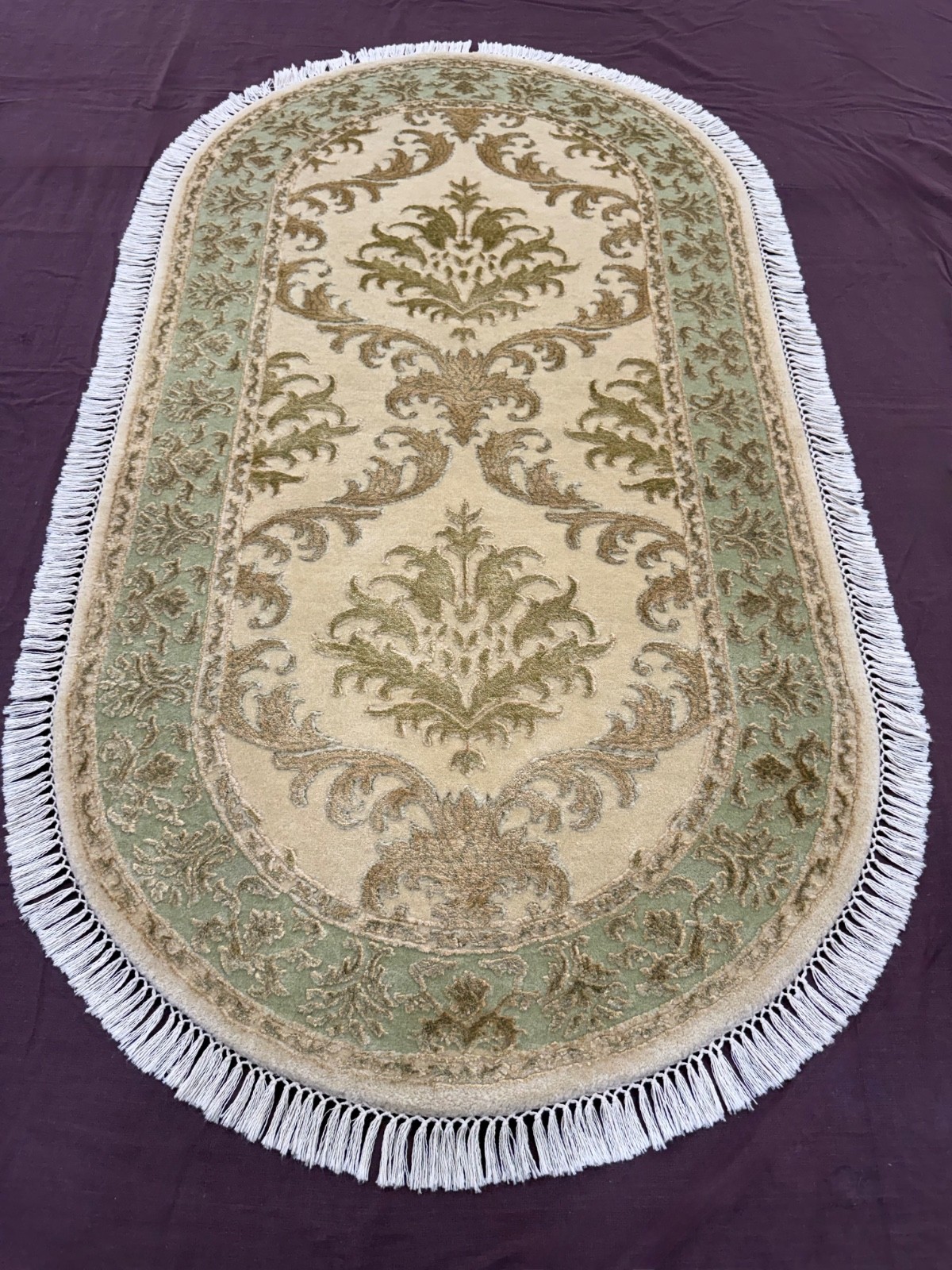 Oval Hand Knotted Wool Rug Beige/Green Floral Damask Bedside Rug Pair 70×140 cm