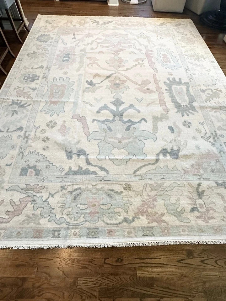 Hand Knotted Oushak Wool Rug Cream Ivory Pastel Pink Sage Green Area Rug Carpet
