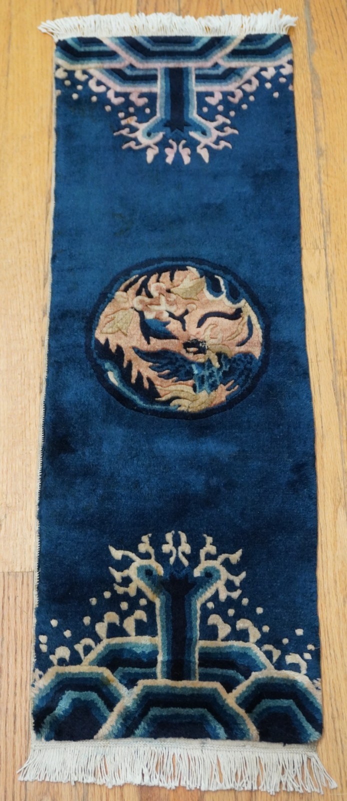 1′ x 3’3″ Antique Chinese Peking Hand Knotted Wool Blue Rare Oriental Rug