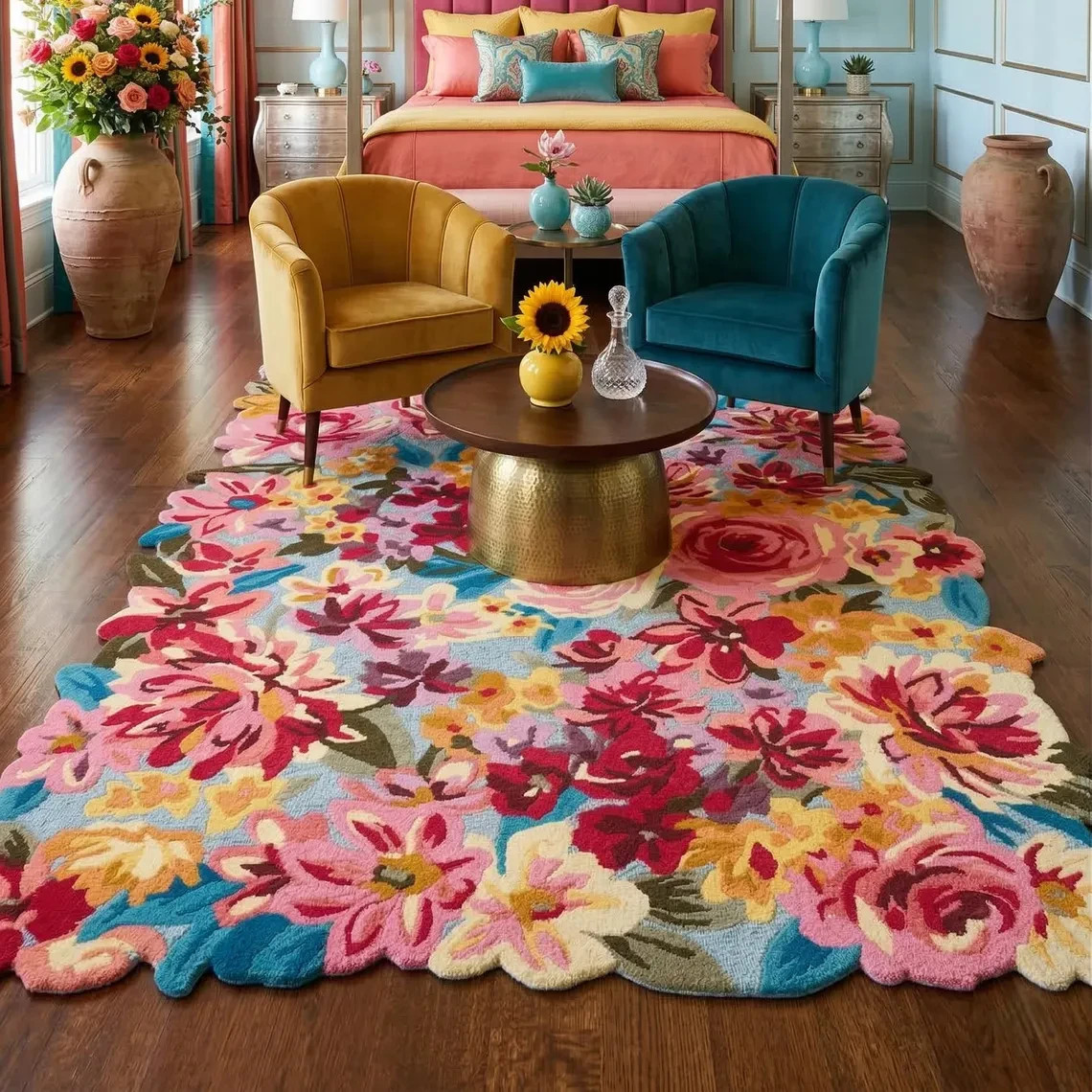 Hand Tufted Wool & Silk Area Rug, Colorful Botanical Floral Design, Boho Carpet
