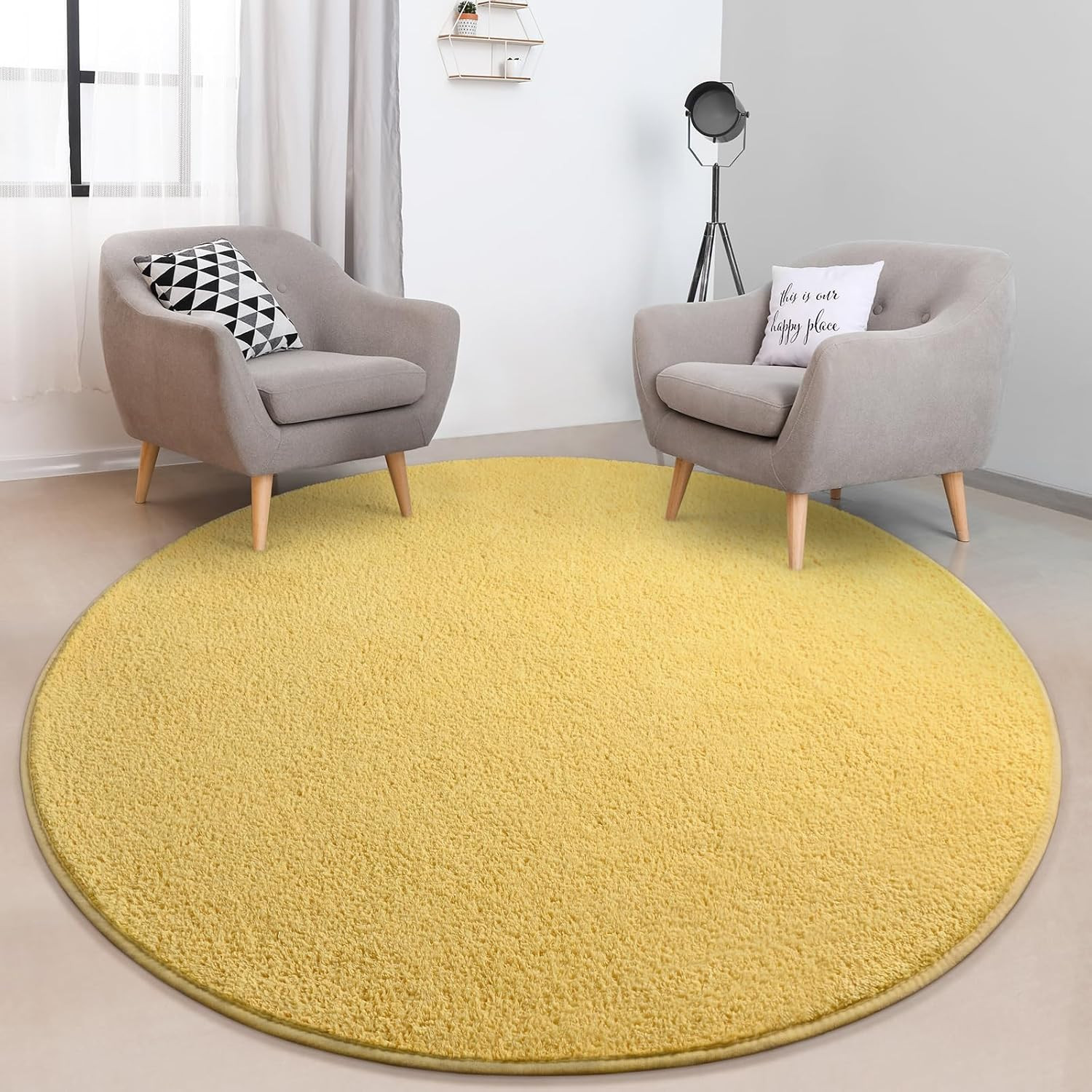 round Area Rugs for Bedroom Living Room, 4X4 Yellow Super Soft Comfy