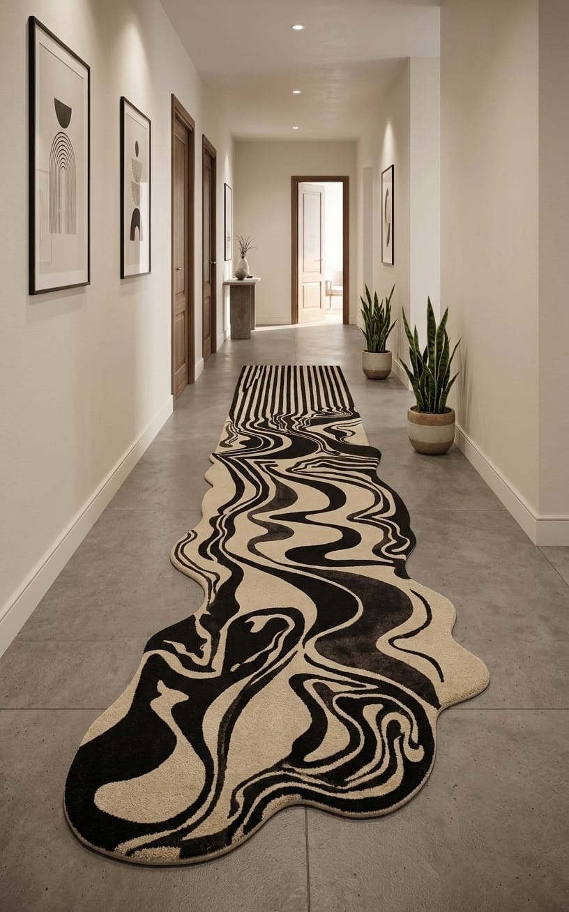 Wavy Abstract Black Beige Wool Runner Rug Hand Tufted Modern Hallway Carpet