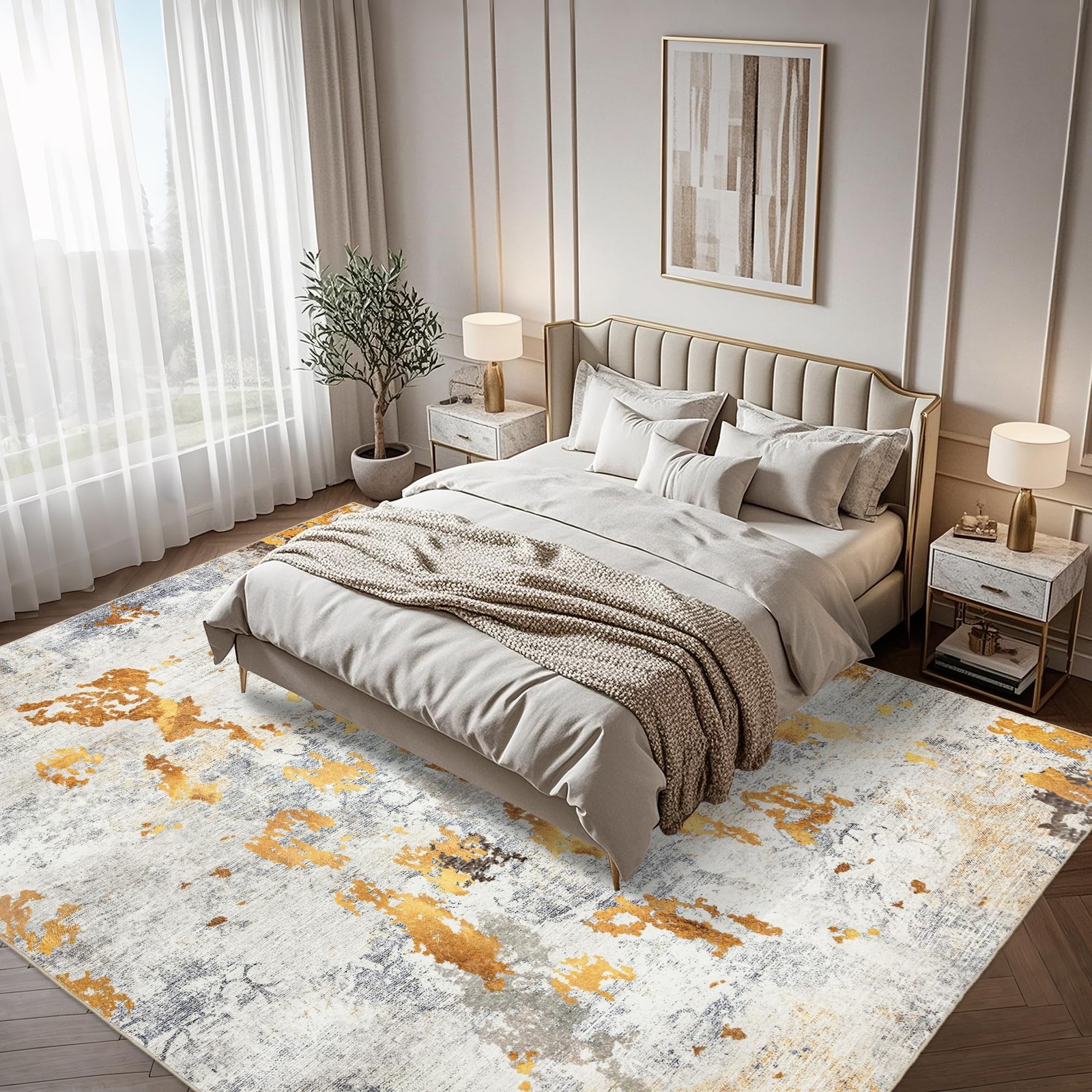 Ruicharm 8×10 Area Rug Washable – Orange Gold Grey