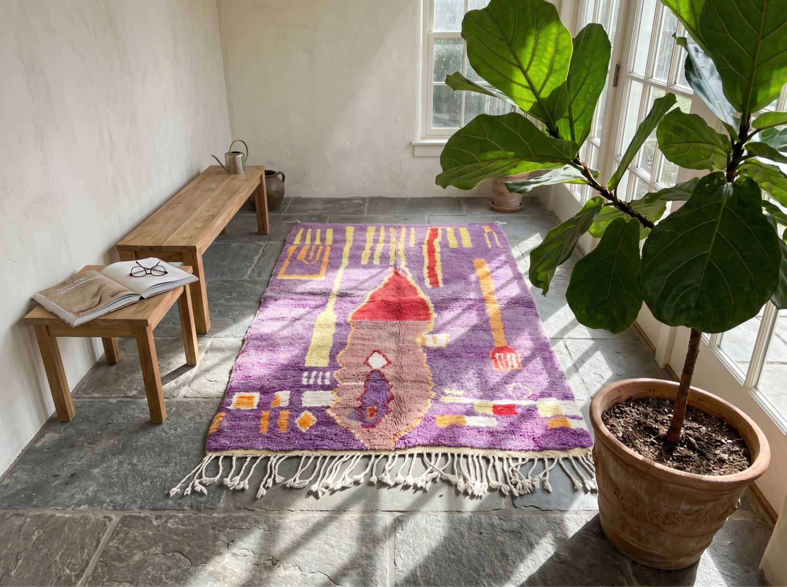 Handwoven Moroccan Beni Ourain Wool Rug Purple Shaggy Berber Carpet Custom Size