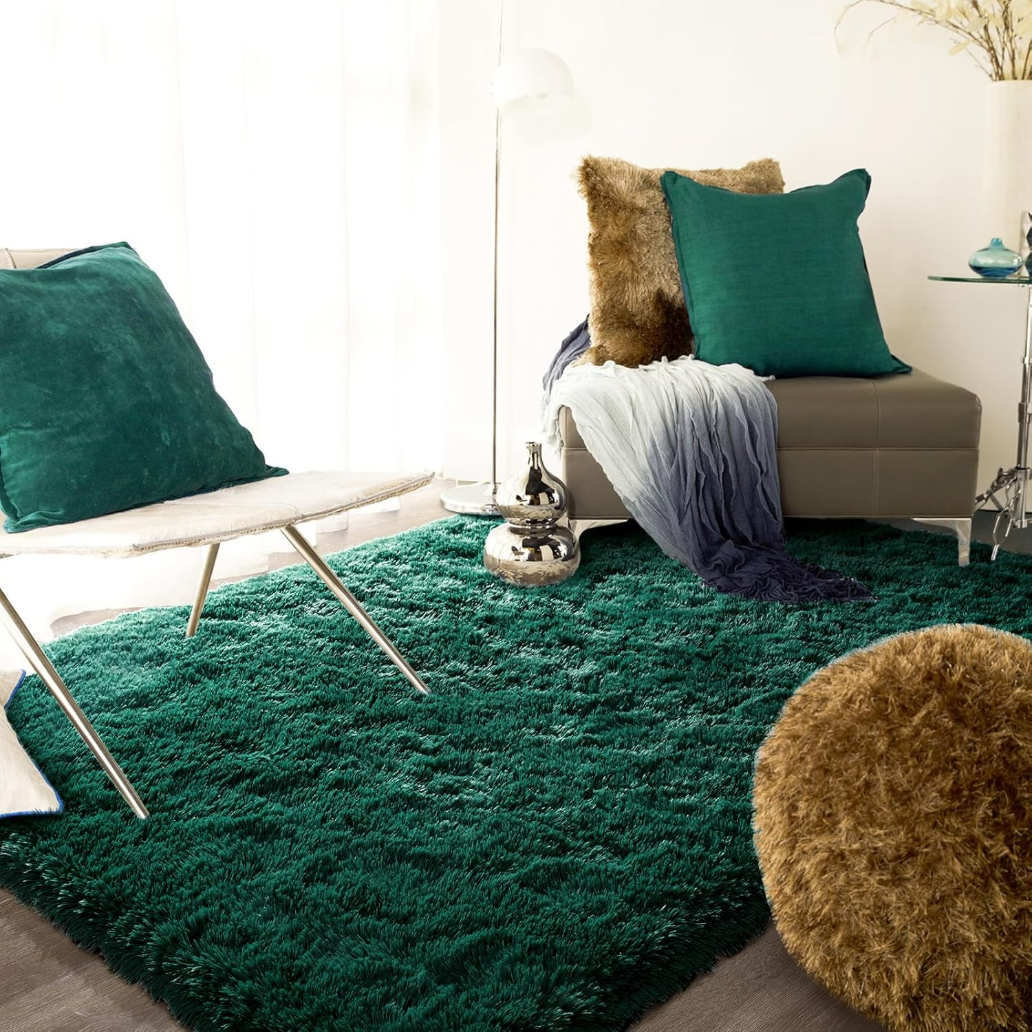 Dark Green Rug 8X10 Fluffy Emerald Area Rugs for Bedroom Living Room Carpet, Non