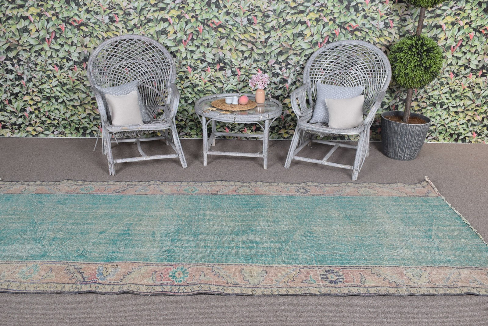 Vintage Turkish Rug 4,1×10,1 ft, Blue Check Wool Rug