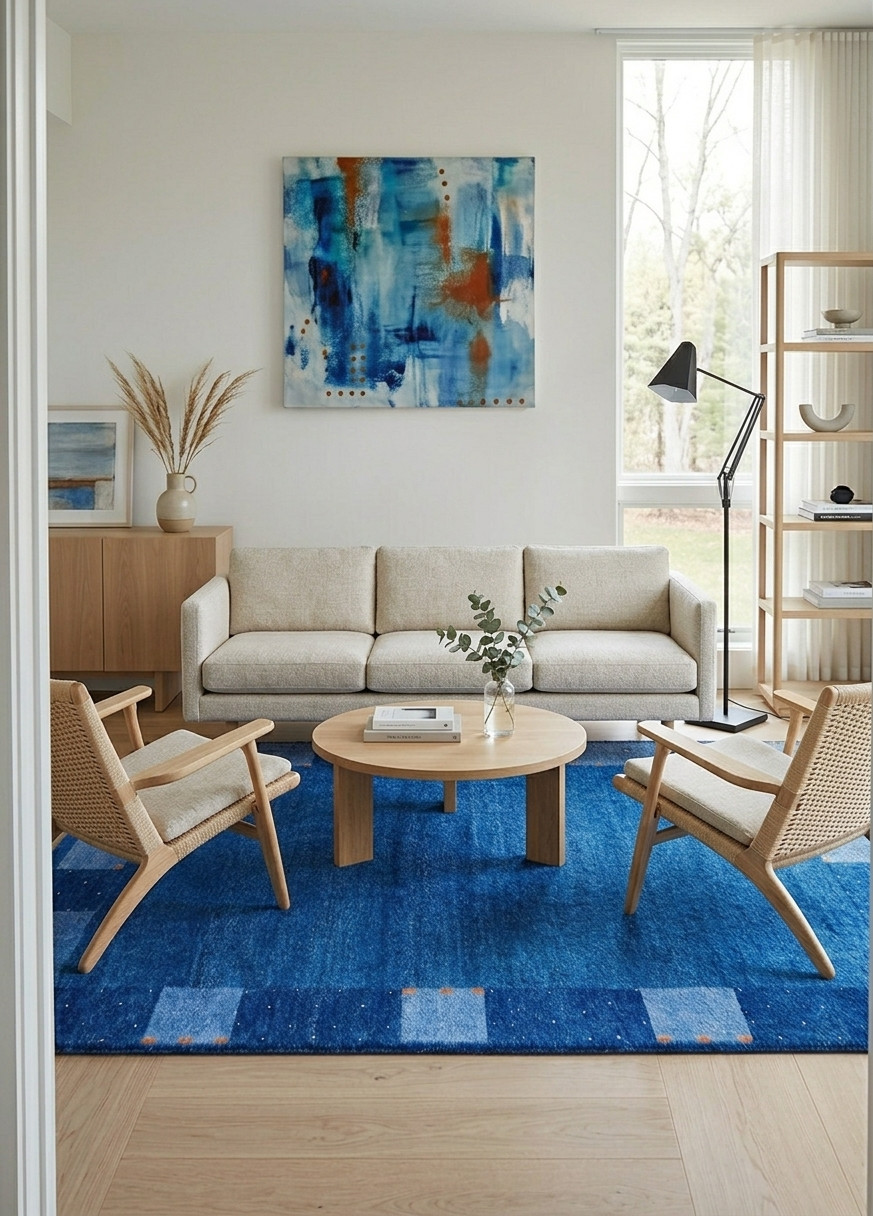 Handloom Gabbeh Wool Rug – Cobalt Blue Sky Minimalist Area Rug for Living Room