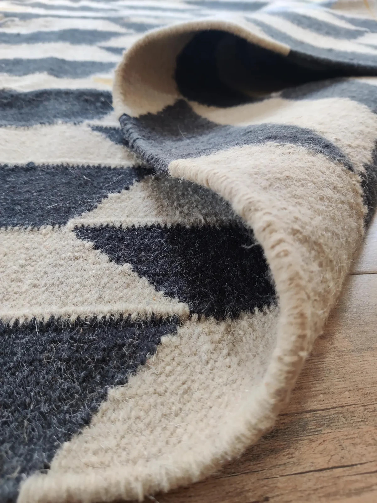 Handwoven Wool Rug Color Black Cream Blue Mustard Cubes Design Carpet Rug