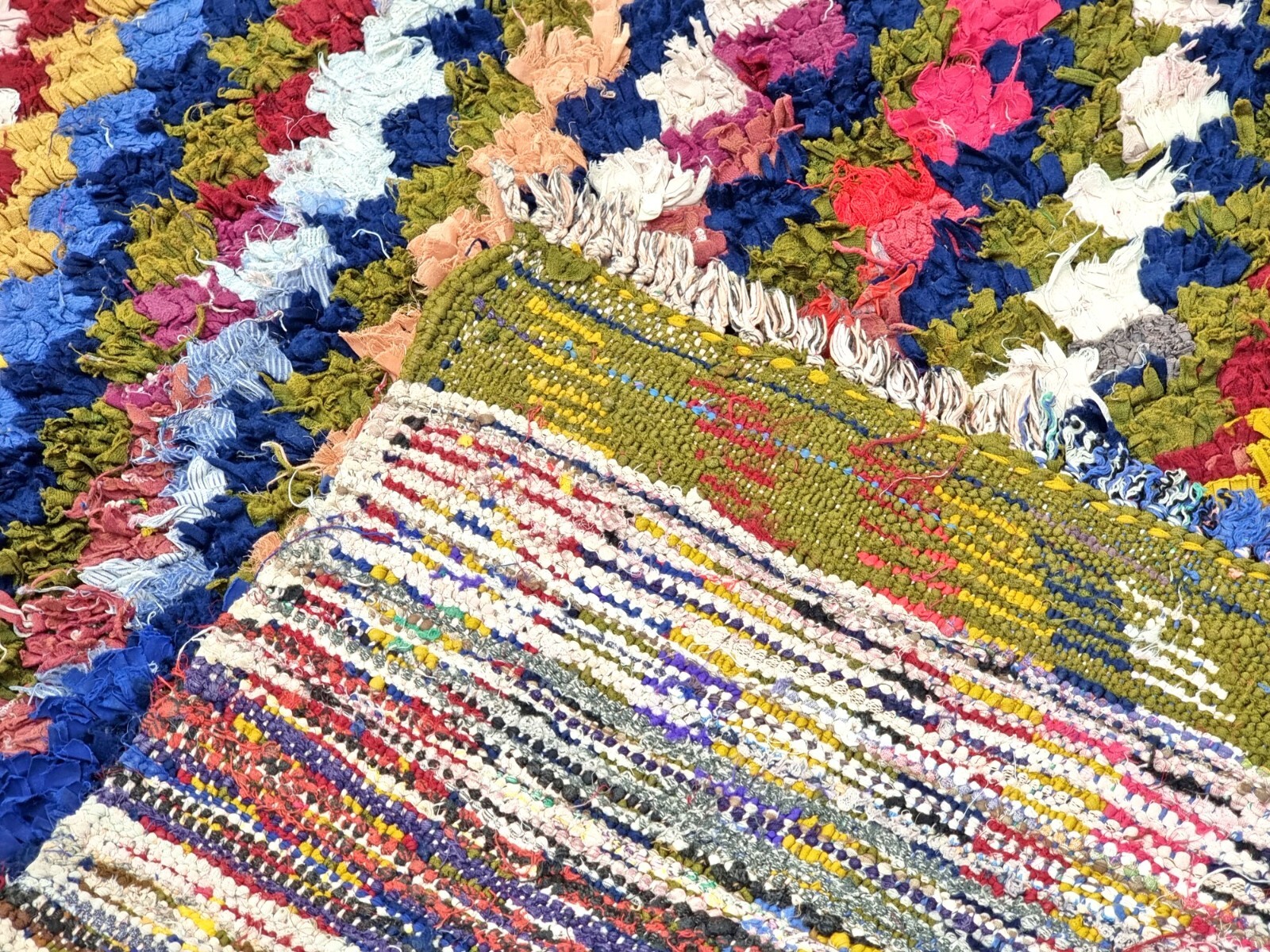 Moroccan Handmade Vintage Boucherouite2’8×9’1Berber Checker Red &Blue Cotton Rug
