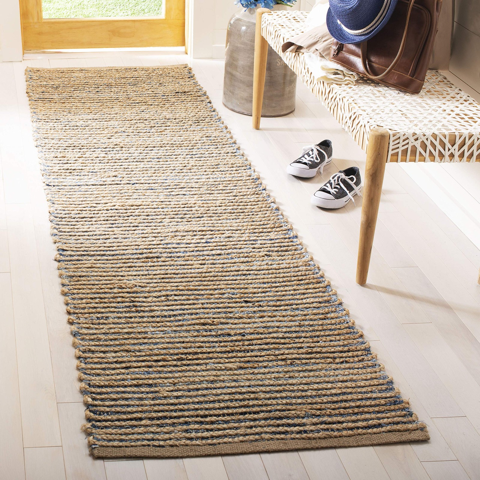 Cape Cod Collection Runner Rug – 2’3″ x 8′, Natural & Blue, Handmade Boho Bra…