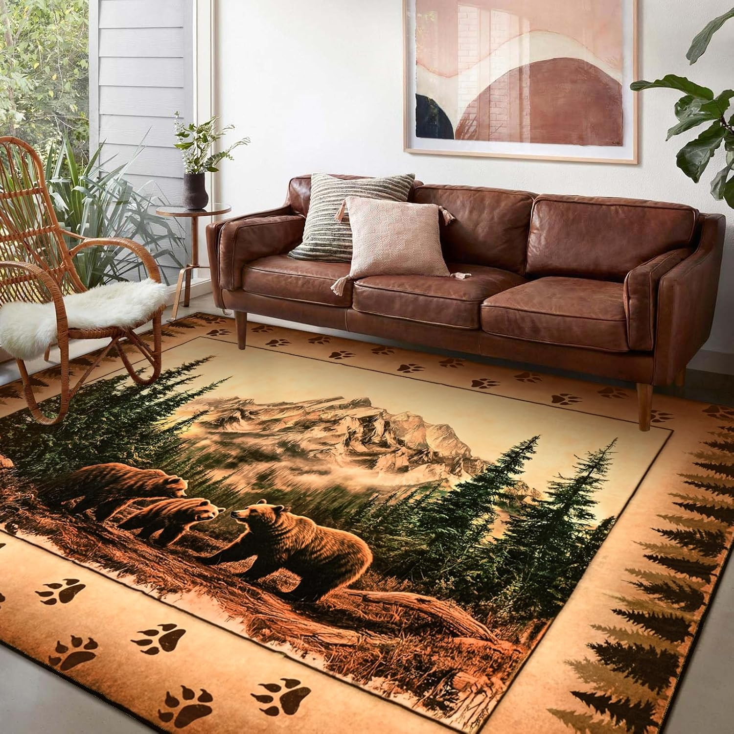 Rustic Cabin Area Rug 5X7, Farmhouse Lodge Bear Moose Deer Rug Washable Non Slip