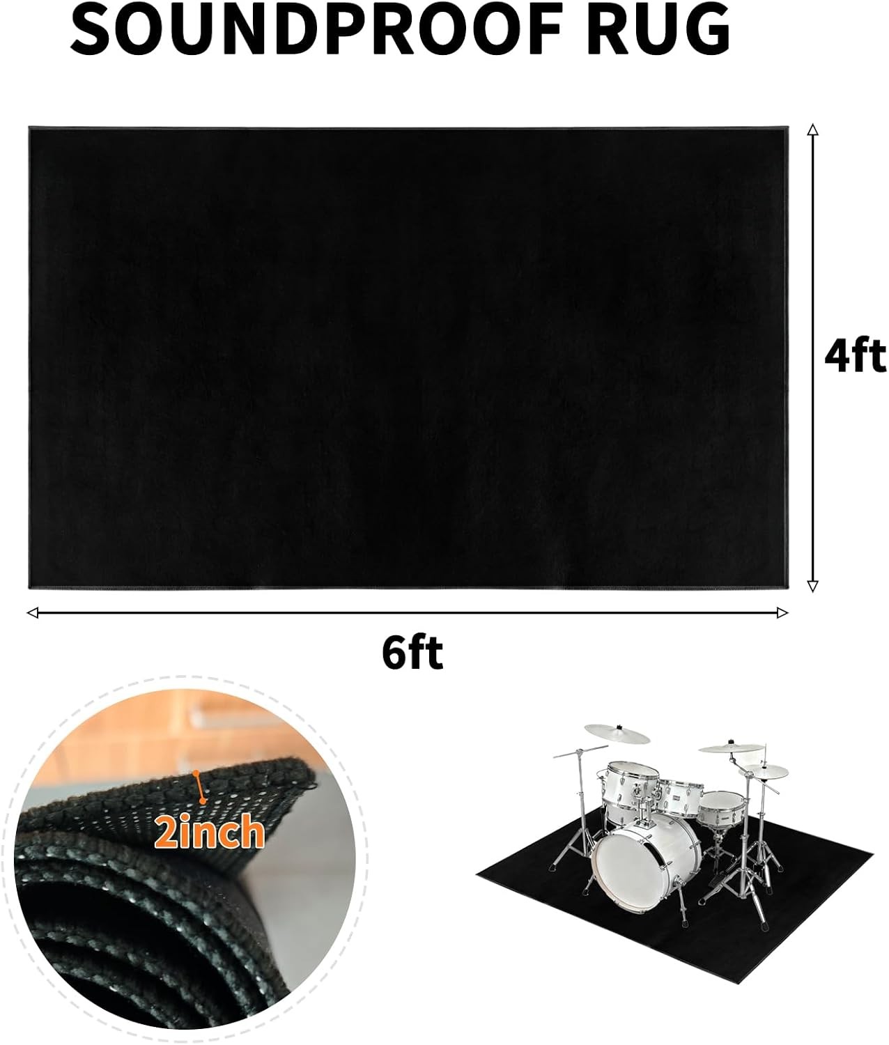 Drum Rug Mat 4 X 6 Ft： Black Soundproof Carpet with Non-Slip Bottom, Washable Fl