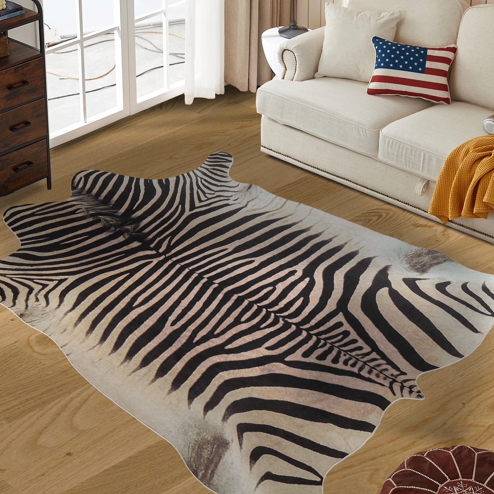 Large Zebra Rug 7.6×6.2 ft Beige and Brown Area Rugs Faux Cowhide Rugs for Be…