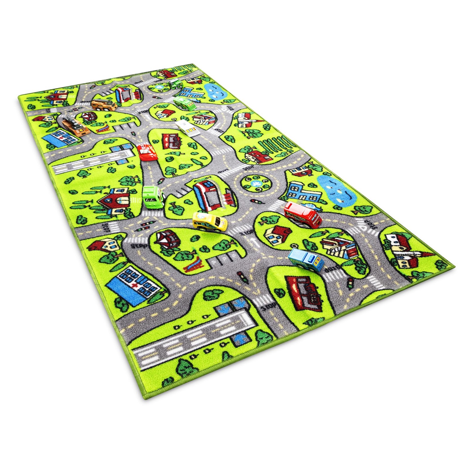 Kids City Play Mat Rug 32×60 With 14 Pull Cars Road Traffic System