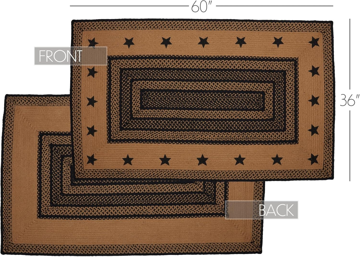 Farmhouse Jute Rectangular Rug 36×60 with Stencil Stars Border and Pad, Black
