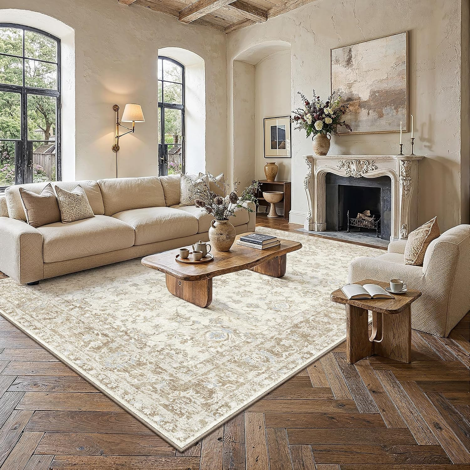 8X10 Beige Neutral Floral Living Room Area Rug | Washable, Soft, Non Slip, Low P