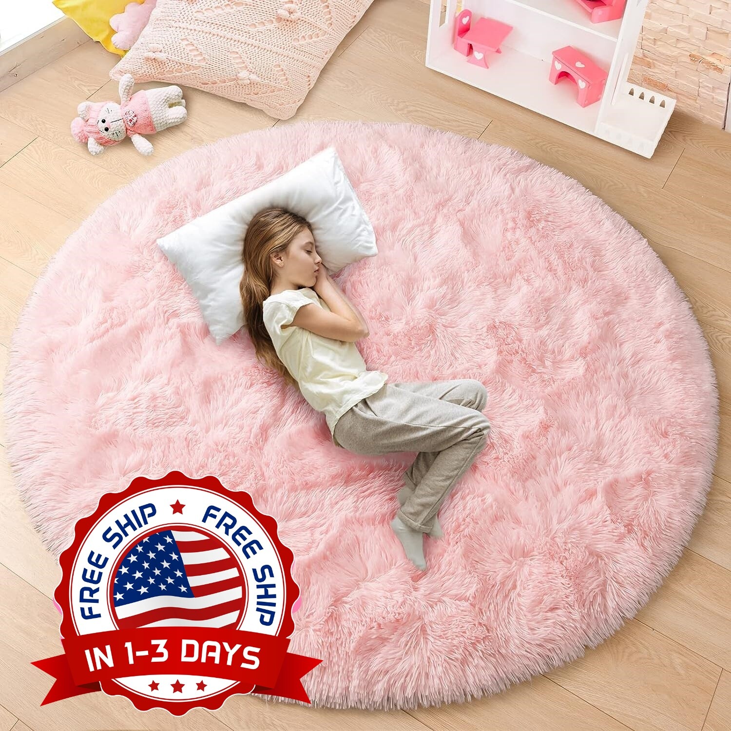 Alfombra Redonda Rosa, Alfombras Suaves Para Habitación De Niños Y Niñas NEW US.