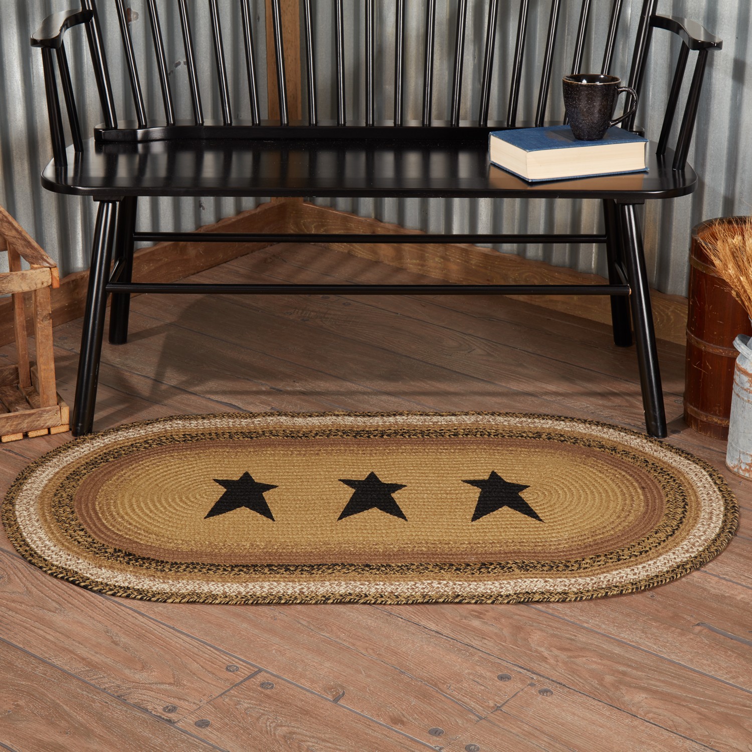 Accent Rug Kettle Grove Jute Primitive 27×48 Stars Oval No Slip Floor VHC Brands