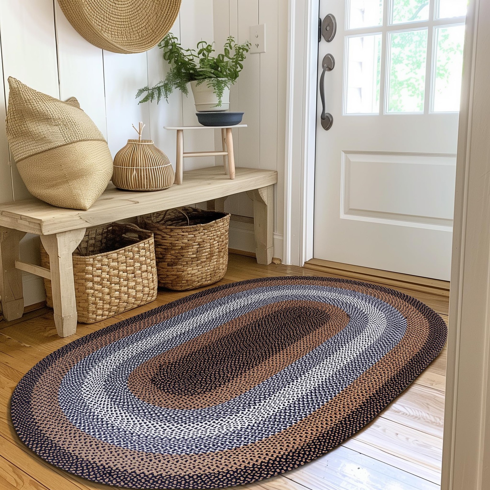 Super Area Rugs Rustic Black/Ivory/Brown Oval Braided Rug For Entryway/Foyer