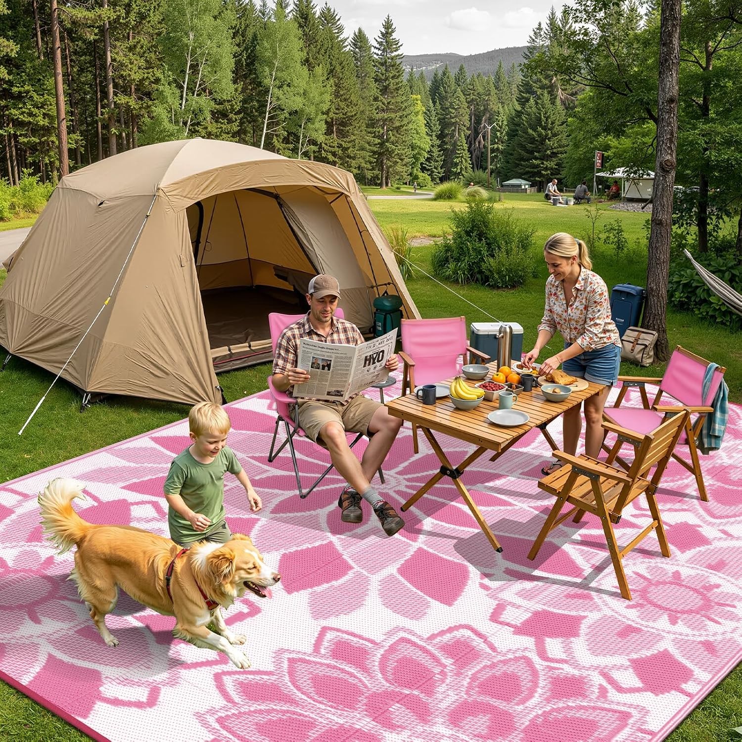 Outdoor Reversible Plastic Straw Patio Rug 5×8 ft Pink White Waterproof
