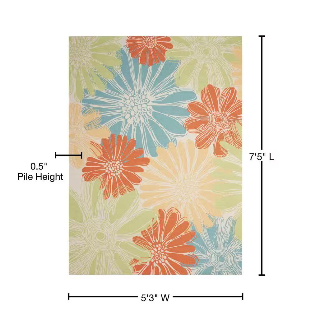 Home and Garden Daisies Ivory 5 Ft. X 7 Ft. Floral Contemporary Indoor/Outdoor P