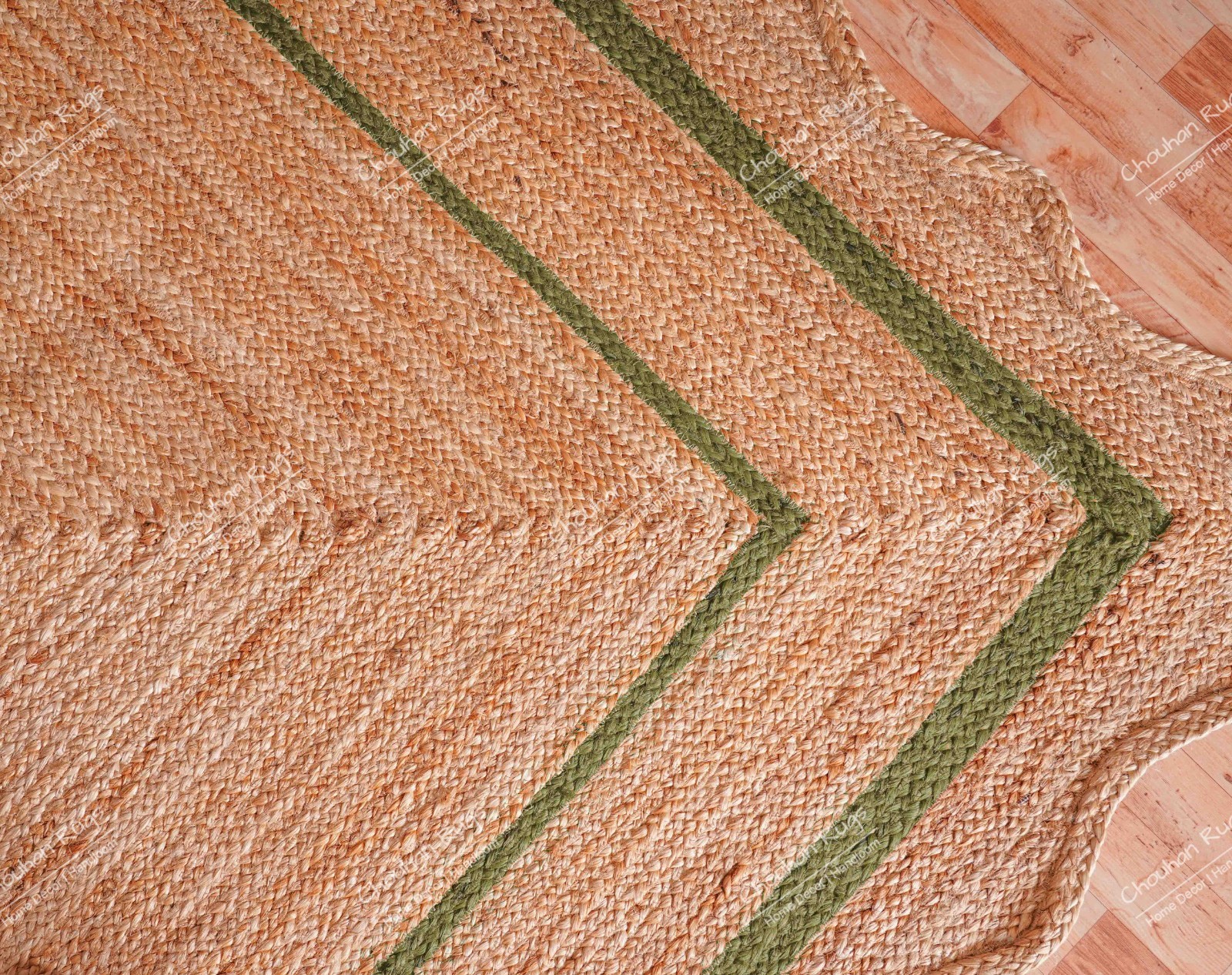 Vintage style Natural Jute Rug with Green Border Boho Large Area Rugs For Home