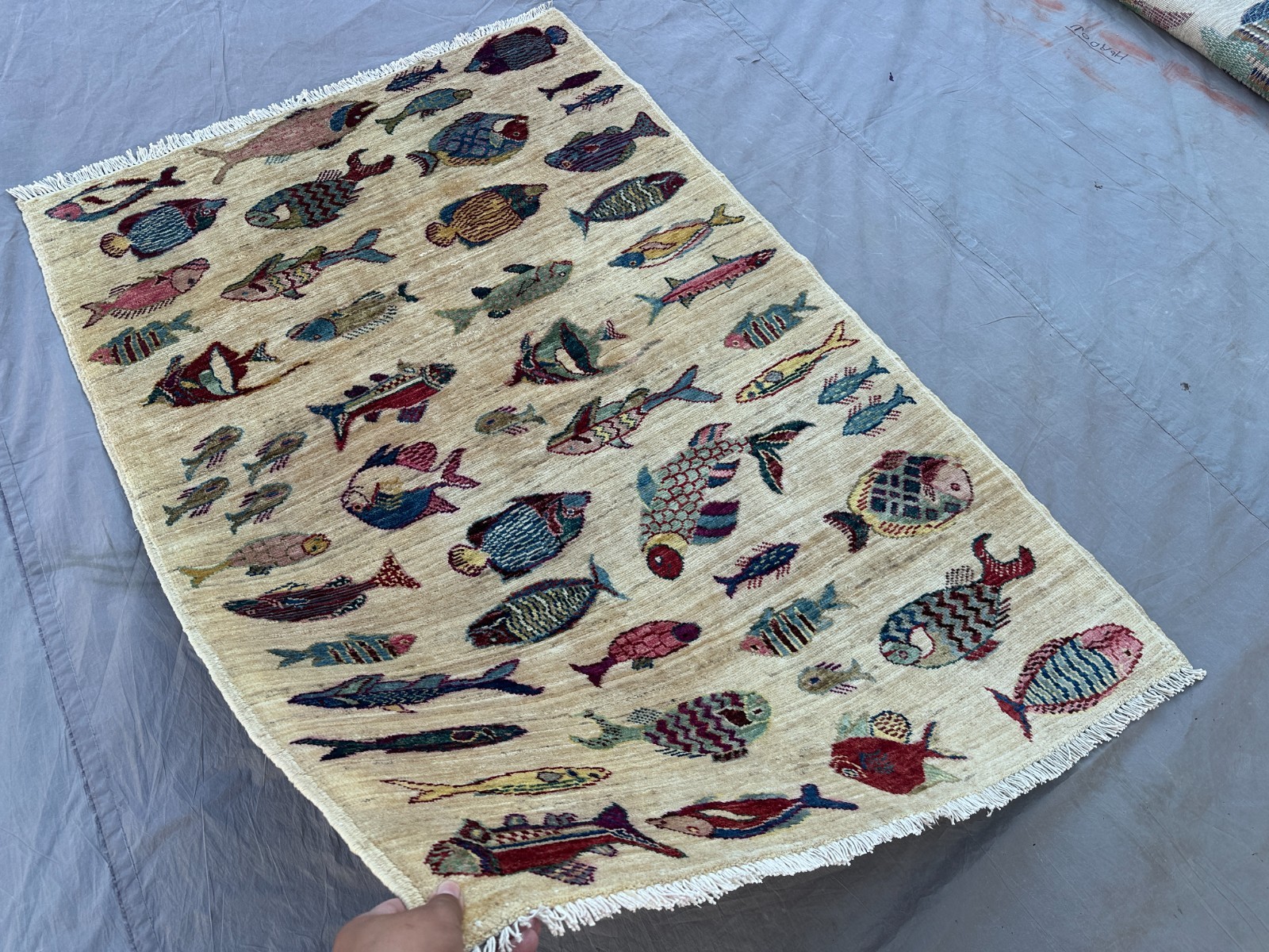 3’4×5’1 Afghan Hand Knotted Fish Rug Modern Pictorial Wool Coastal Area Carpet
