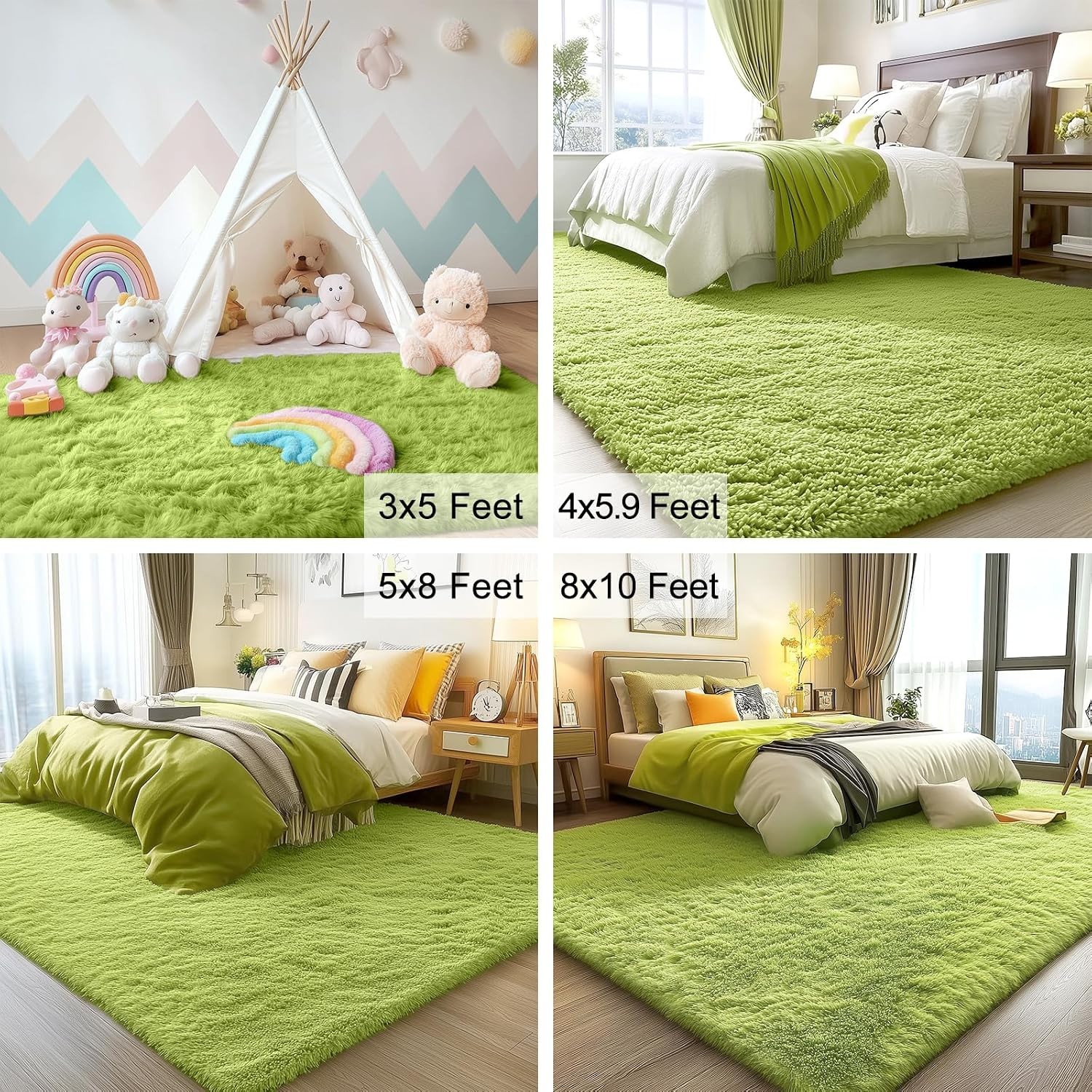 Family-Friendly 2×3 High Pile Rug – Washable Grass Green for Home Decor