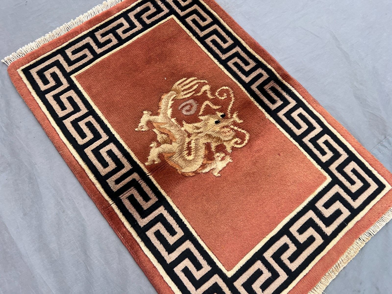 Terracotta Chinese Dragon Rug 2×3 Vintage Hand Knotted Wool Greek Key Border