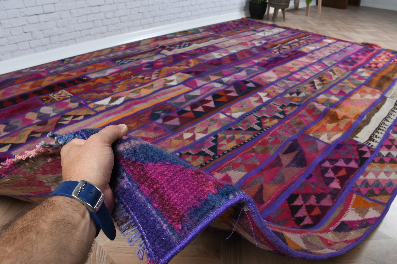 Vintage Turkish Rug, Large 6,8×10,1 ft Rug, Purple Polka dot Wool Rug