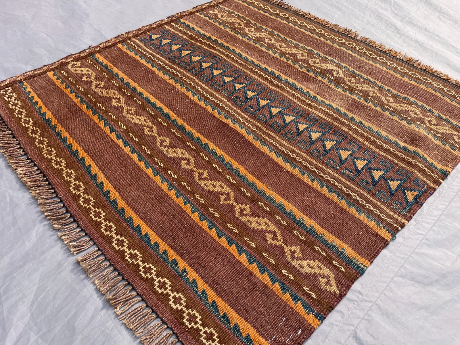 2×2 Earthy Striped Kilim Handwoven Wool Flatweave Carpet Tribal Greek Key Border