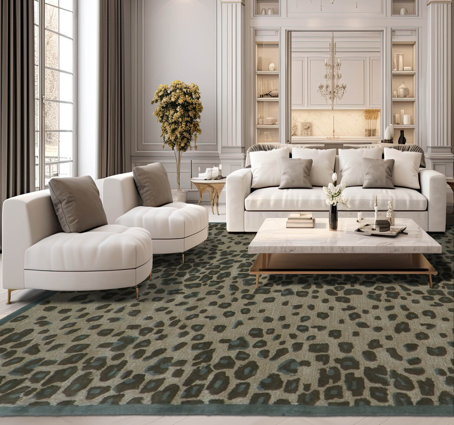9’6″x13’6″ Beige Hand Tufted Animal Print Wool & Bamboo Silk Area Rug