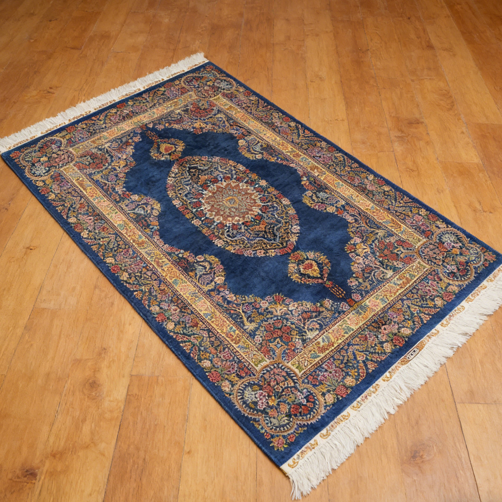 Zhiyi 4x6ft Handmade silk rug Hand-knotted Blue Medallion Non-Glue Carpet 589A