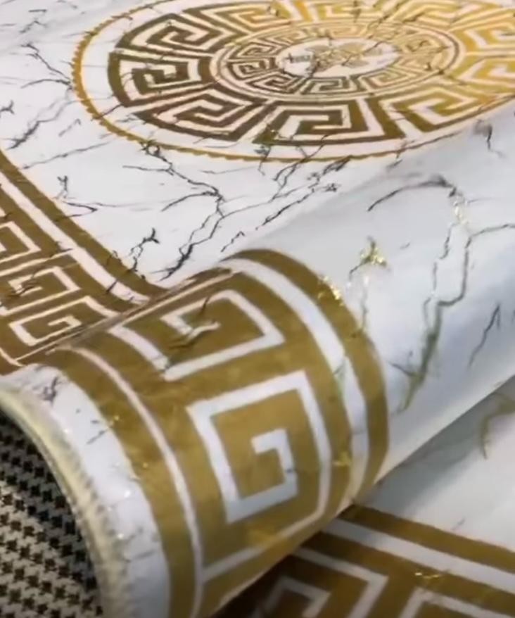Luxury White Gold Rug, White Marble Pattern Rug, Gold Border Rug, Home Rug
