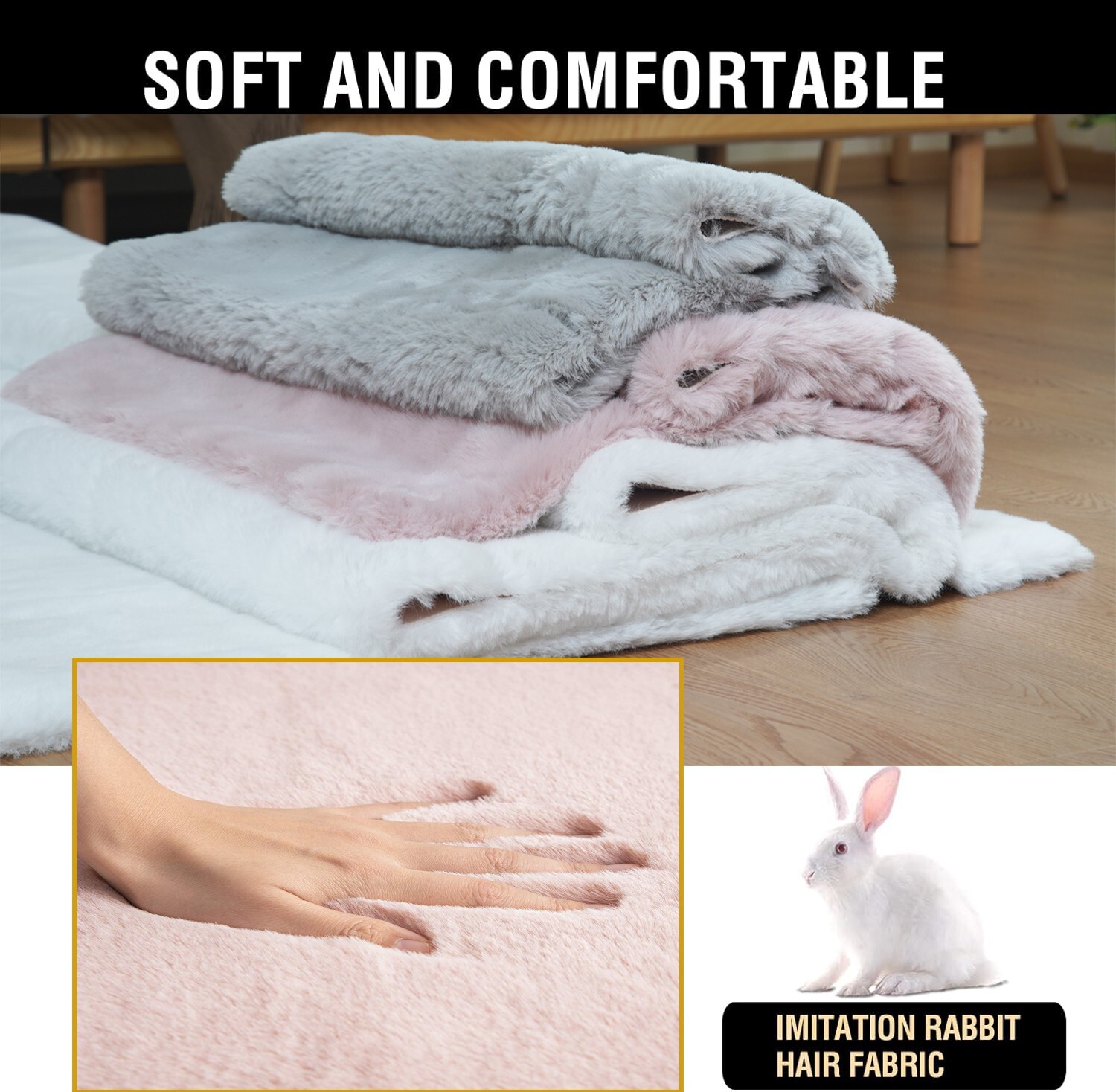 Fluffy Fuzzy Faux Rabbit Fur Area Rug Washable Rug Luxury Furry Soft Rug Pink