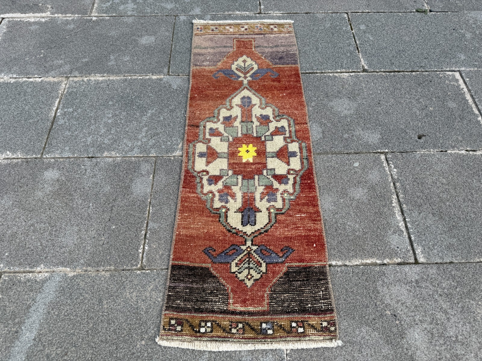 Small Vintage Turkish Rug 1.1×3.3 ft Terracotta Yellow Long Kitchen Entry Mat