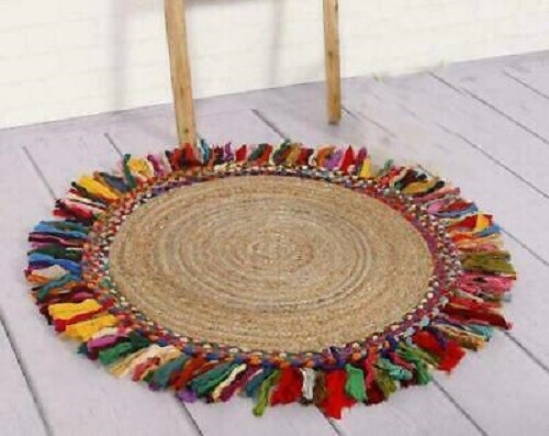 Round Rug Jute & Cotton Mix Braided Style Handmade Area Rug Multi color Carpet