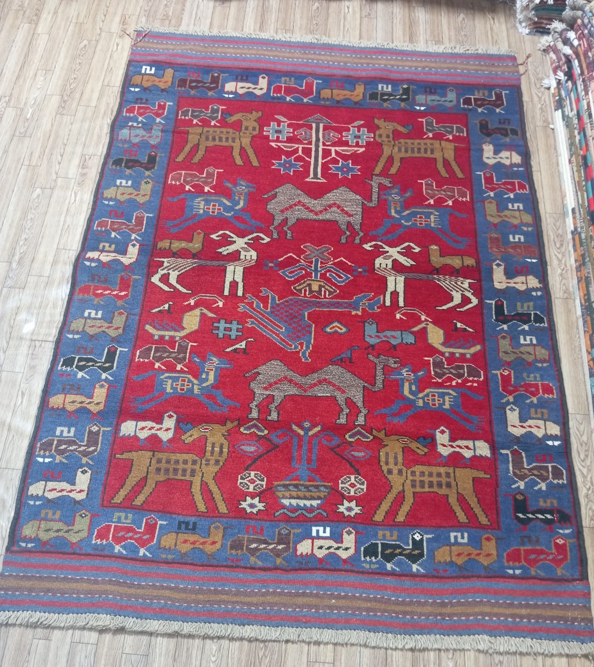 Handmade Balochi Wool Rug – Tribal Afghan Carpet Red Animal Motif 5.8 x 4.1 ft
