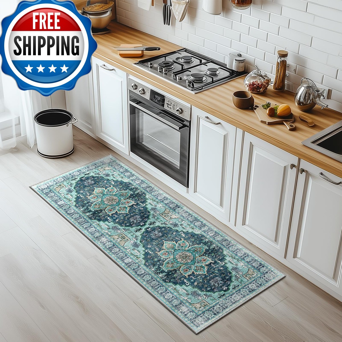 BESTSWEETIE 2×6 Area Rug Washable No Pile Boho Carpet Teal Dark Green 2x6ft