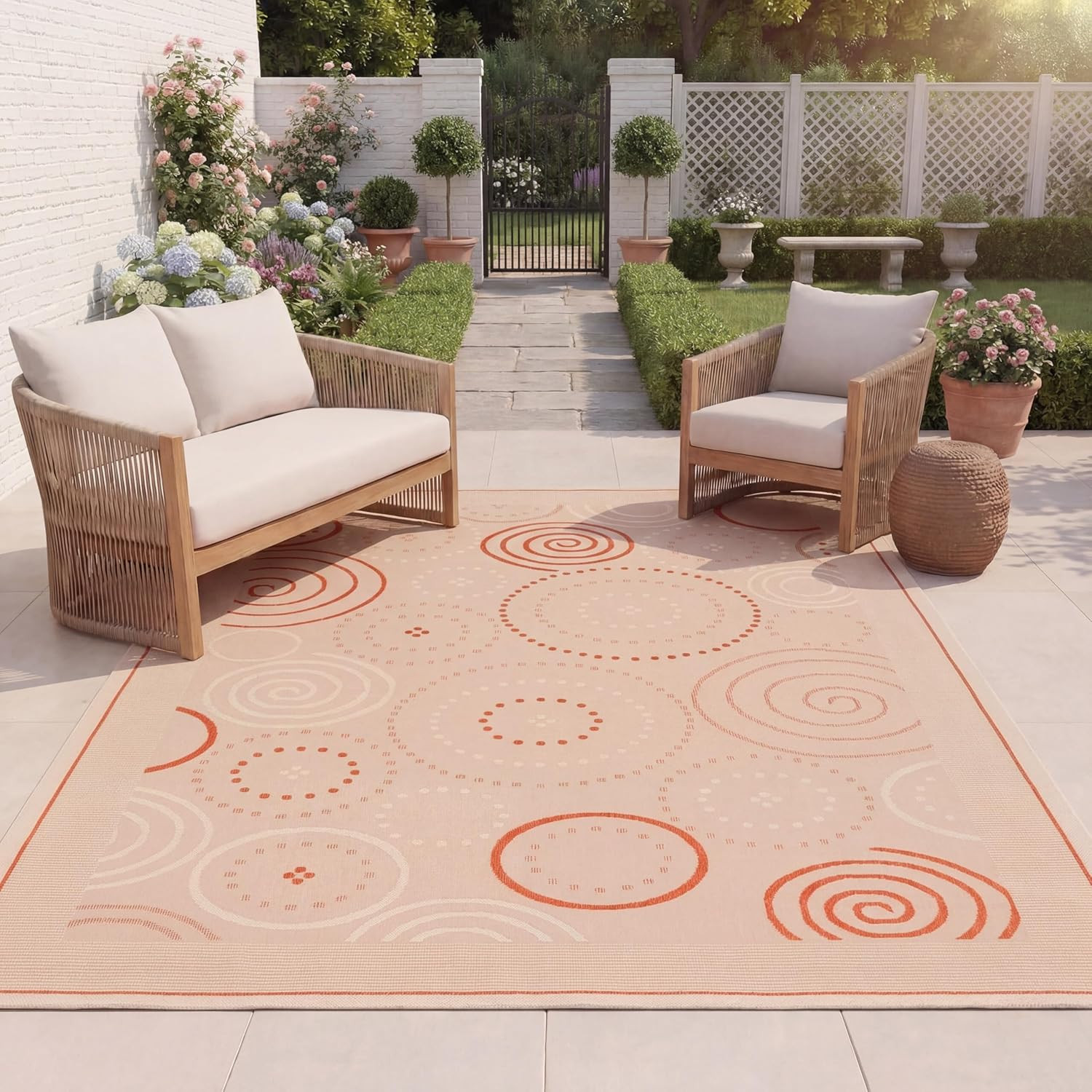 8′ x 11′ Waterproof Indoor/Outdoor Area Rug – Easy-Clean Natural/Terra Design