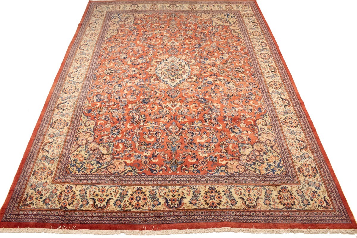 One-of-a-Kind Vintage Orange-Red Oriental Rug Oversized Floral Carpet 11X15 ft