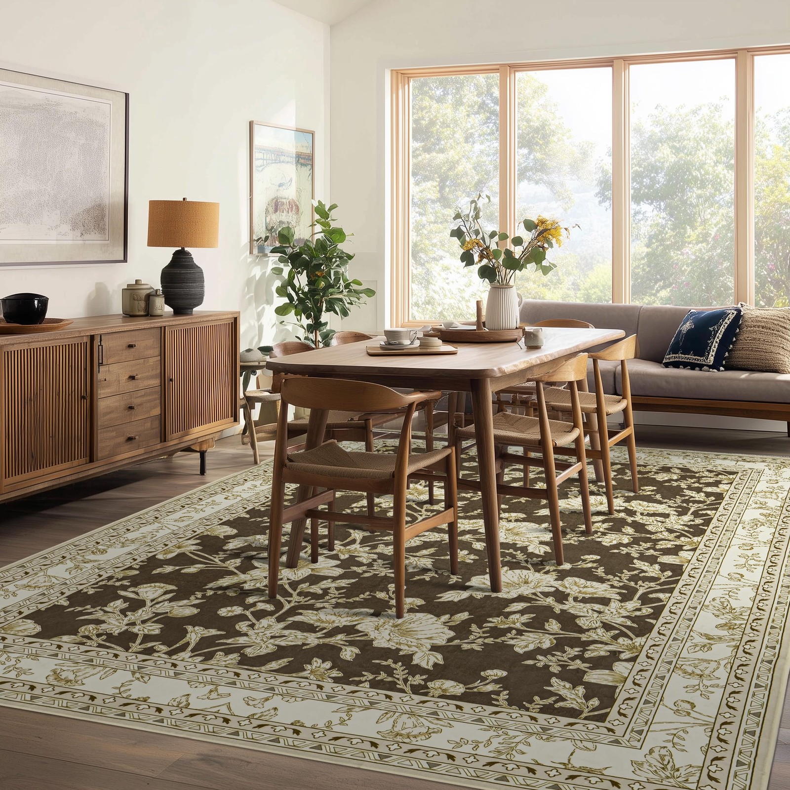 Bileehome Brown Floral Print Area Rugs For Bedroom Living Room Boho Farmhouse
