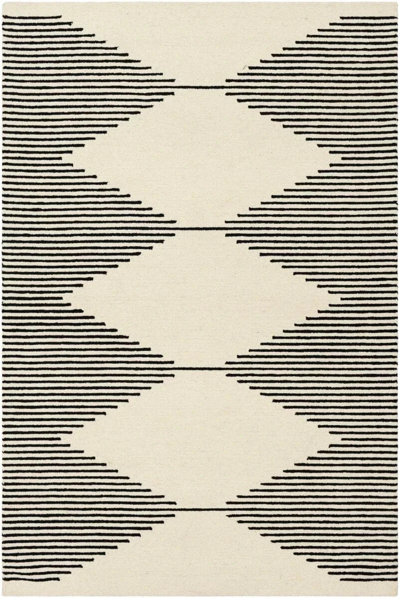 Ivory Black Diamond Hand Tufted Area Rug 8×10 Modern Geometric Striped Soft