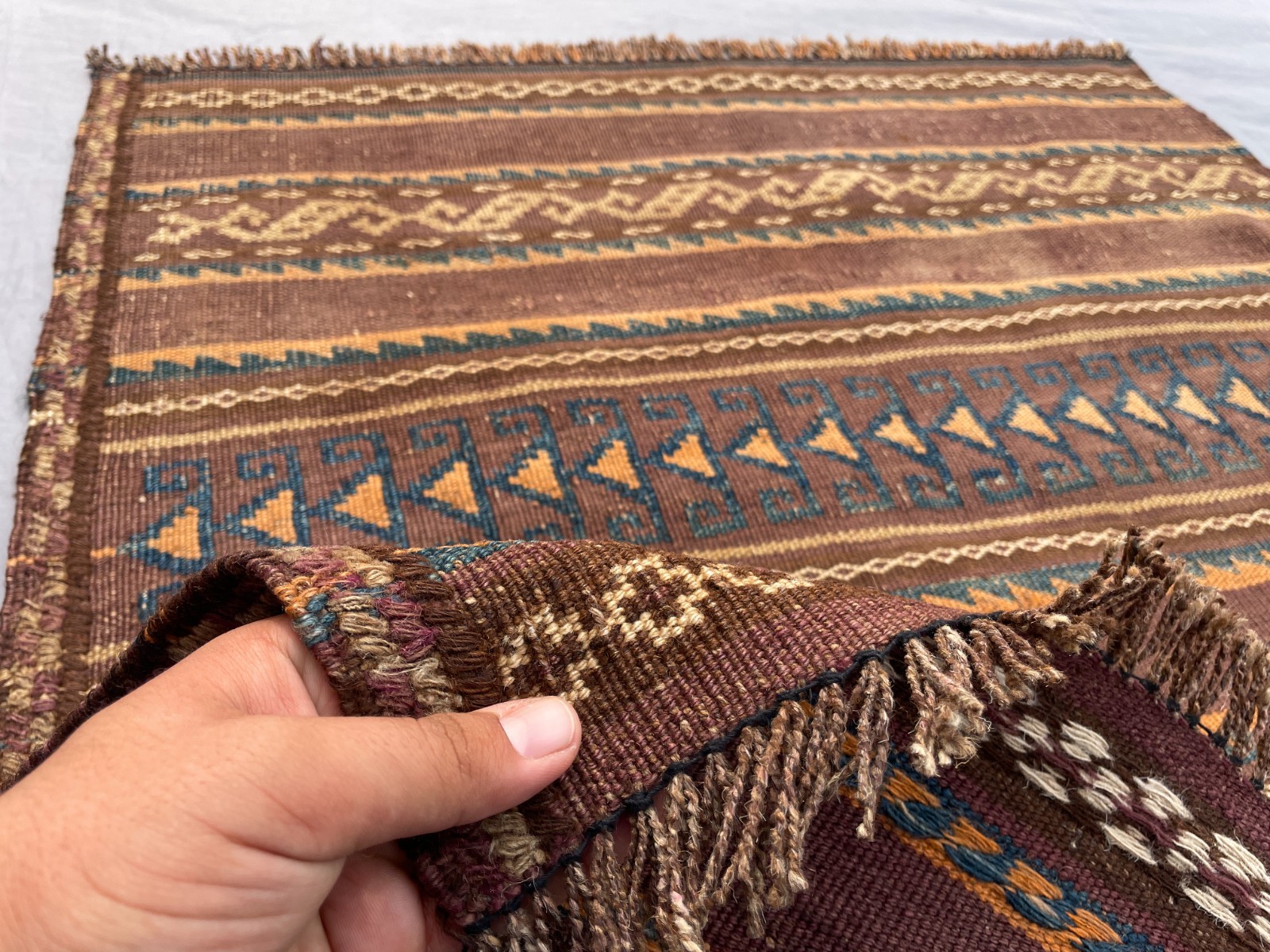 2×2 Earthy Striped Kilim Handwoven Wool Flatweave Carpet Tribal Greek Key Border