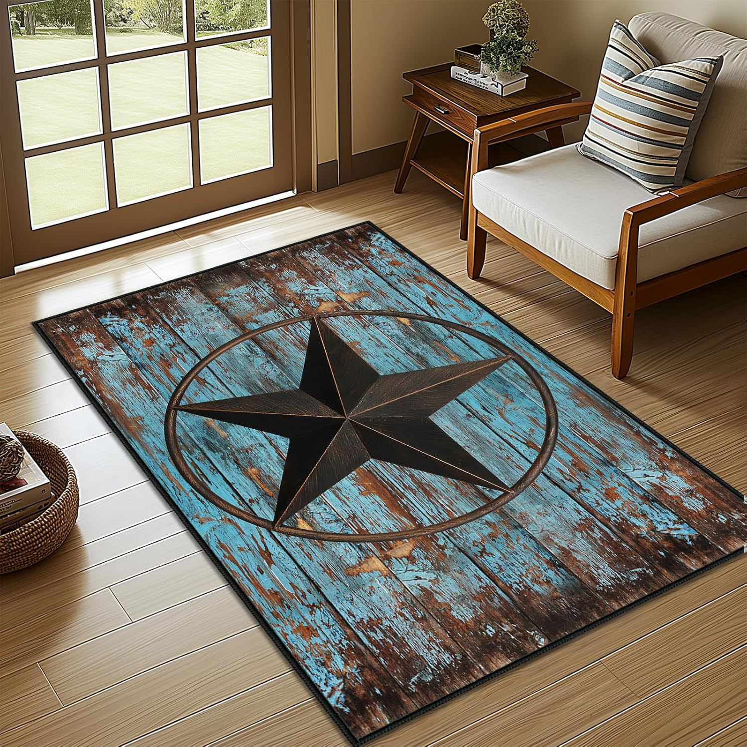 Rustic Texas Star Area Rug 3×5 – Washable Vintage Teal Accent Carpet