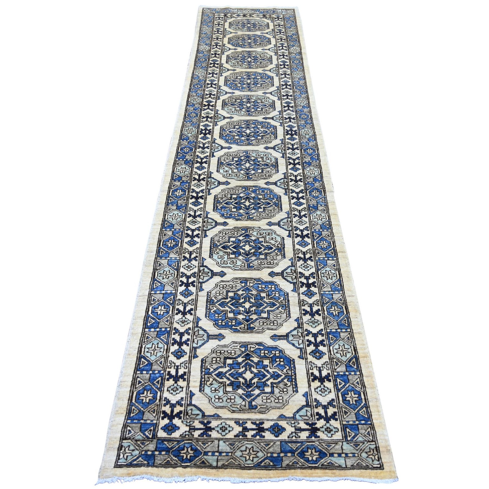 2’7″x11’8″ Ivory Afghan Ersari Elephant Feet Design Hand Knotted Wool Runner Rug